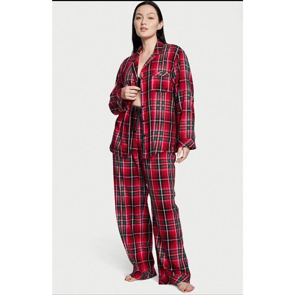 Victoria's Secret Large Flannel Pajama Set Bright Tartan Plaid Red Green